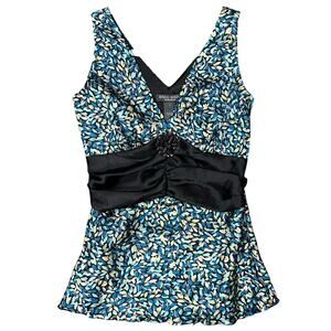Bisou Bisou Y2K Top Blue Black Satin Sleeveless V-Neck Side Zip 2000s Size 2
